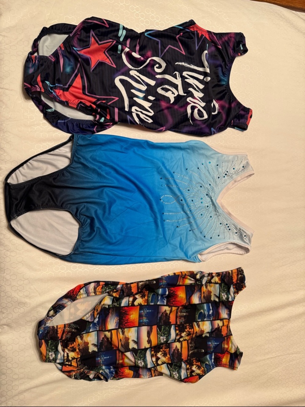 Lot of 3 Girls' Leotards - Star Graphic, Ombre Blue, Sunset Print